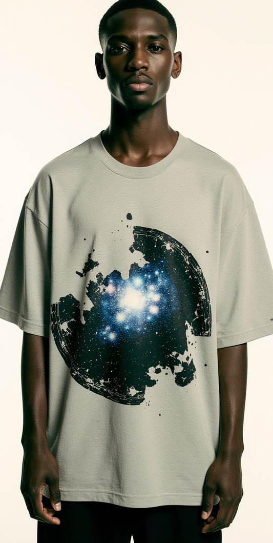 Oversized Grey T-Shirt for Men – Galaxy Splash Graphic – Streetwear "Cosmic Reflections"