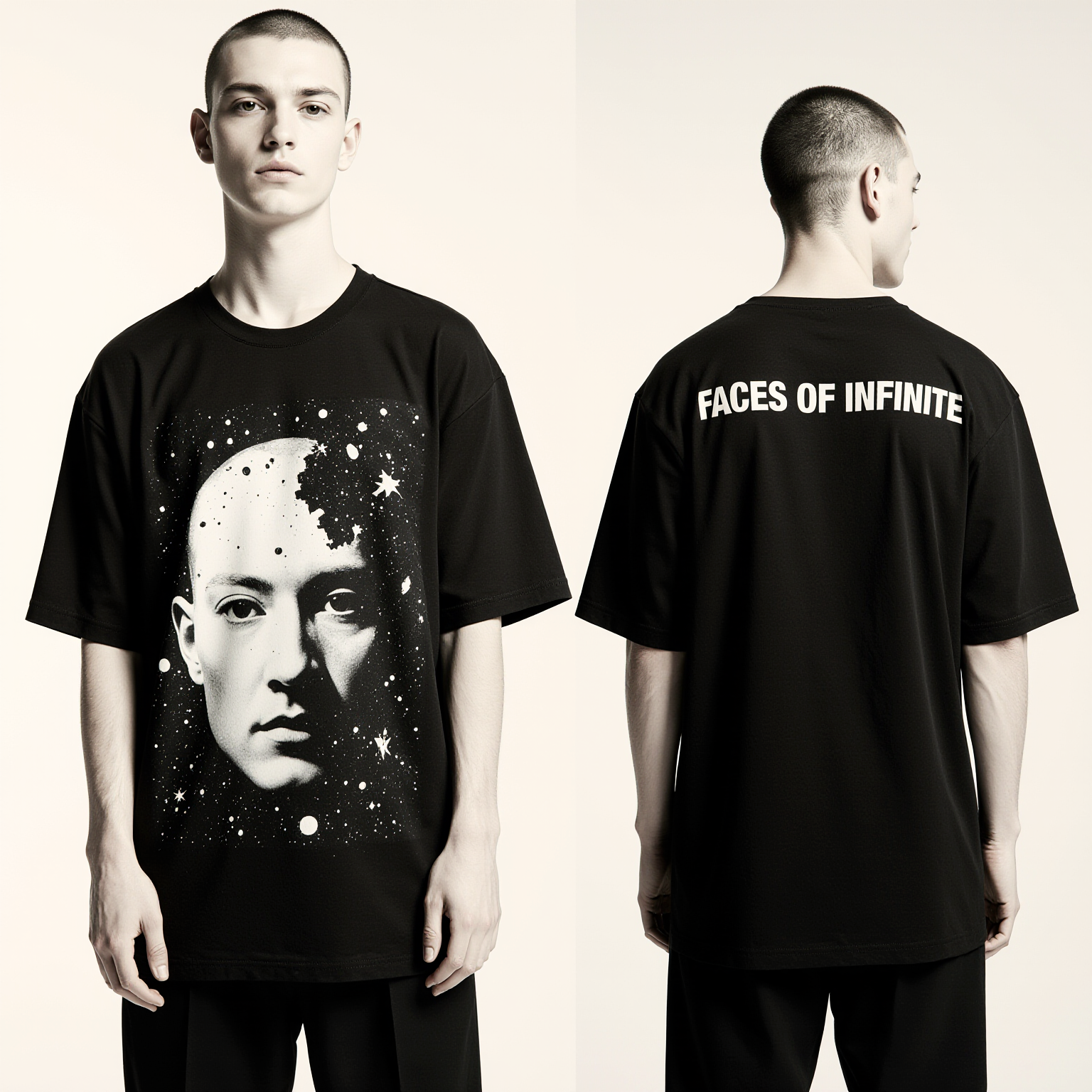 Oversized Black T-Shirt for Men – Cosmic Portrait Graphic – Streetwear "Faces of Infinite"