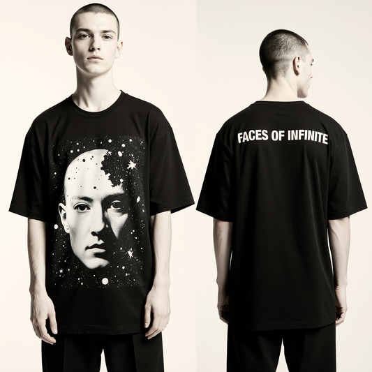 Oversized Black T-Shirt for Men – Cosmic Portrait Graphic – Streetwear "Faces of Infinite"
