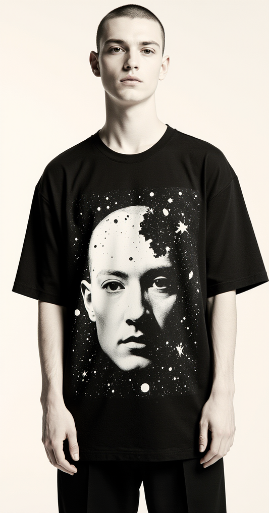 Oversized Black T-Shirt for Men – Cosmic Portrait Graphic – Streetwear "Faces of Infinite"