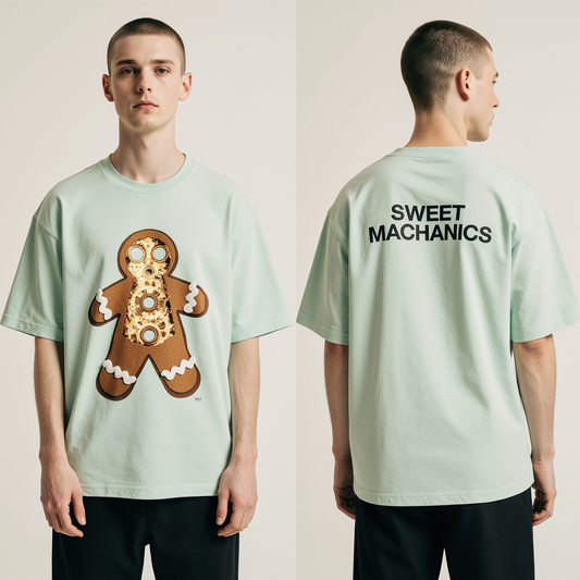 Oversized Mint Green Gingerbread T-Shirt – Sweet Mechanics Graphic Tee – Unisex Holiday Streetwear