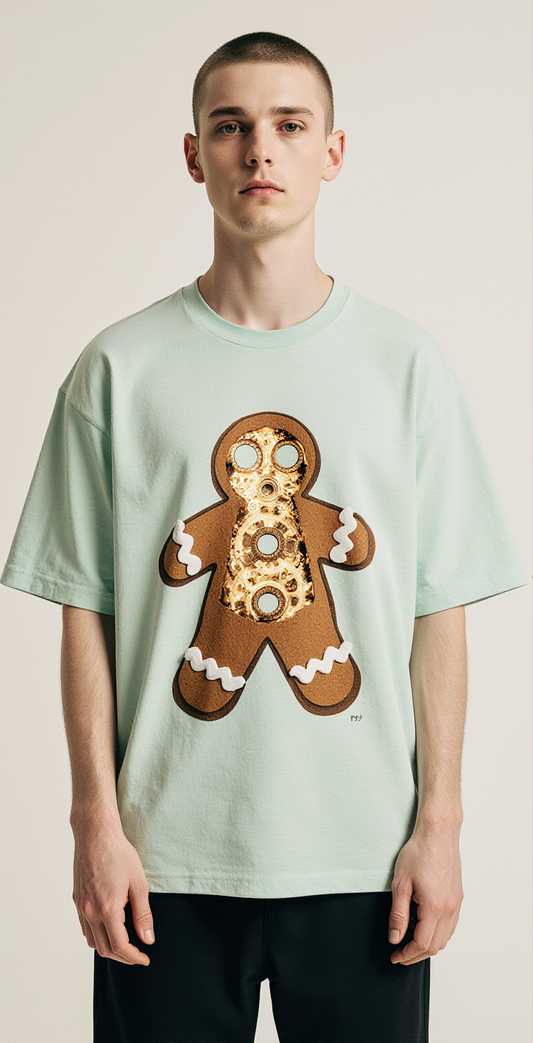 Oversized Mint Green Gingerbread T-Shirt – Sweet Mechanics Graphic Tee – Unisex Holiday Streetwear