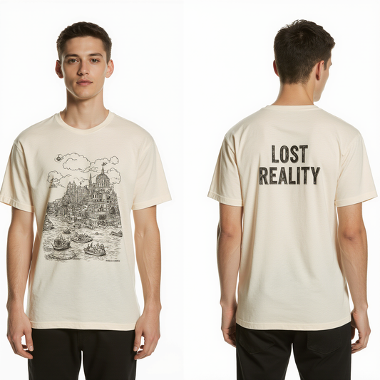 Oversized Beige T-Shirt "Lost Reality" – Hand-Drawn City Graphic Streetwear Tee