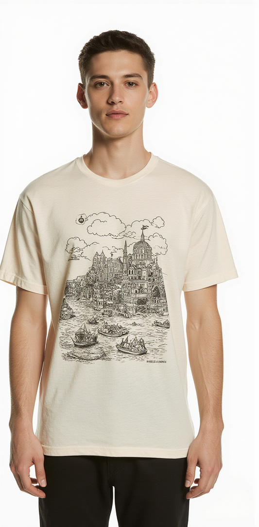Oversized Beige T-Shirt "Lost Reality" – Hand-Drawn City Graphic Streetwear Tee